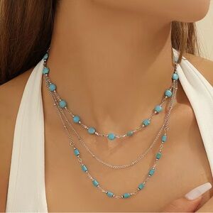 Western Necklace Turquoise Bead Layered Silver Necklace Bohemian Necklace